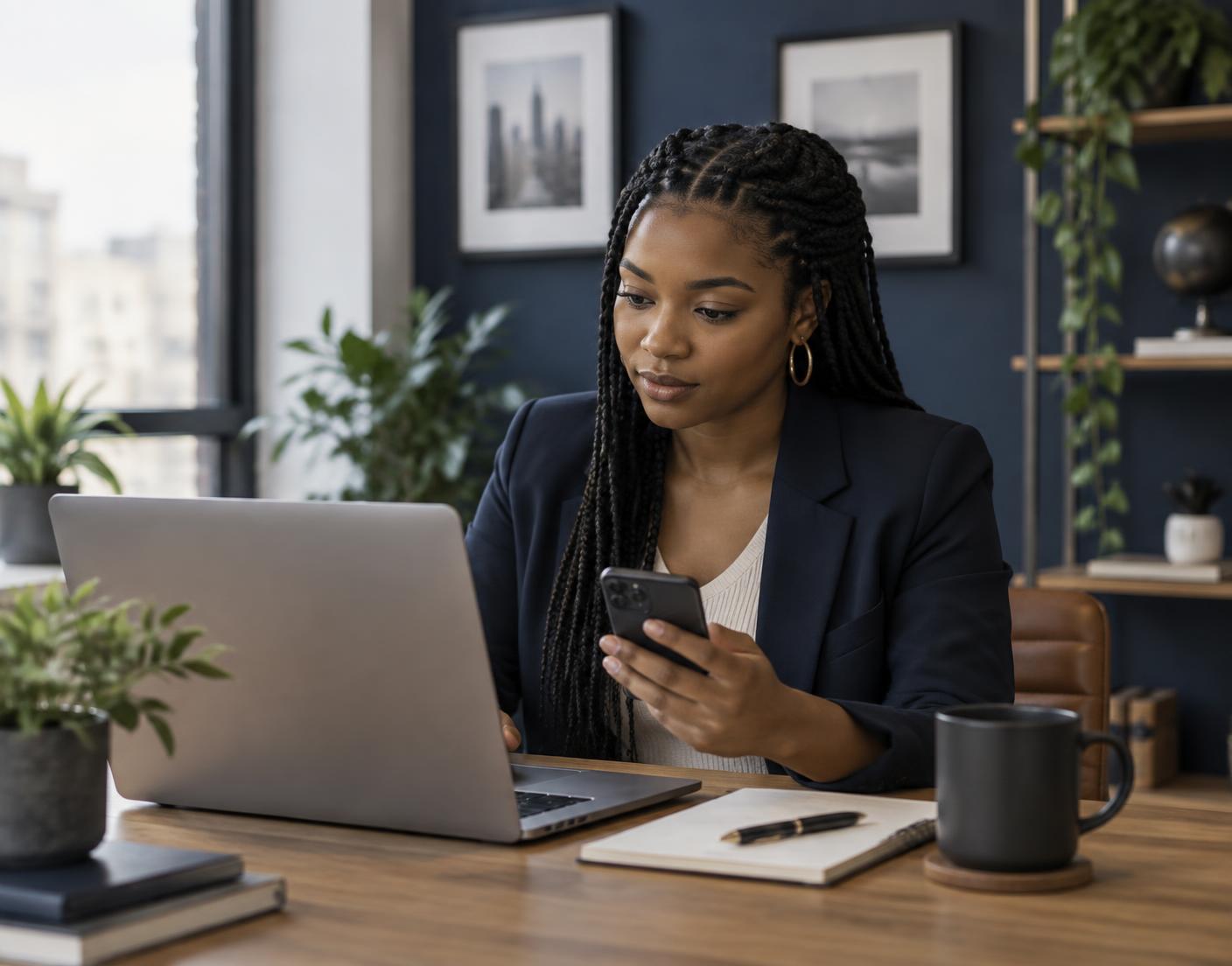 Digital marketer reviewing social media content on a laptop and phone at a desk