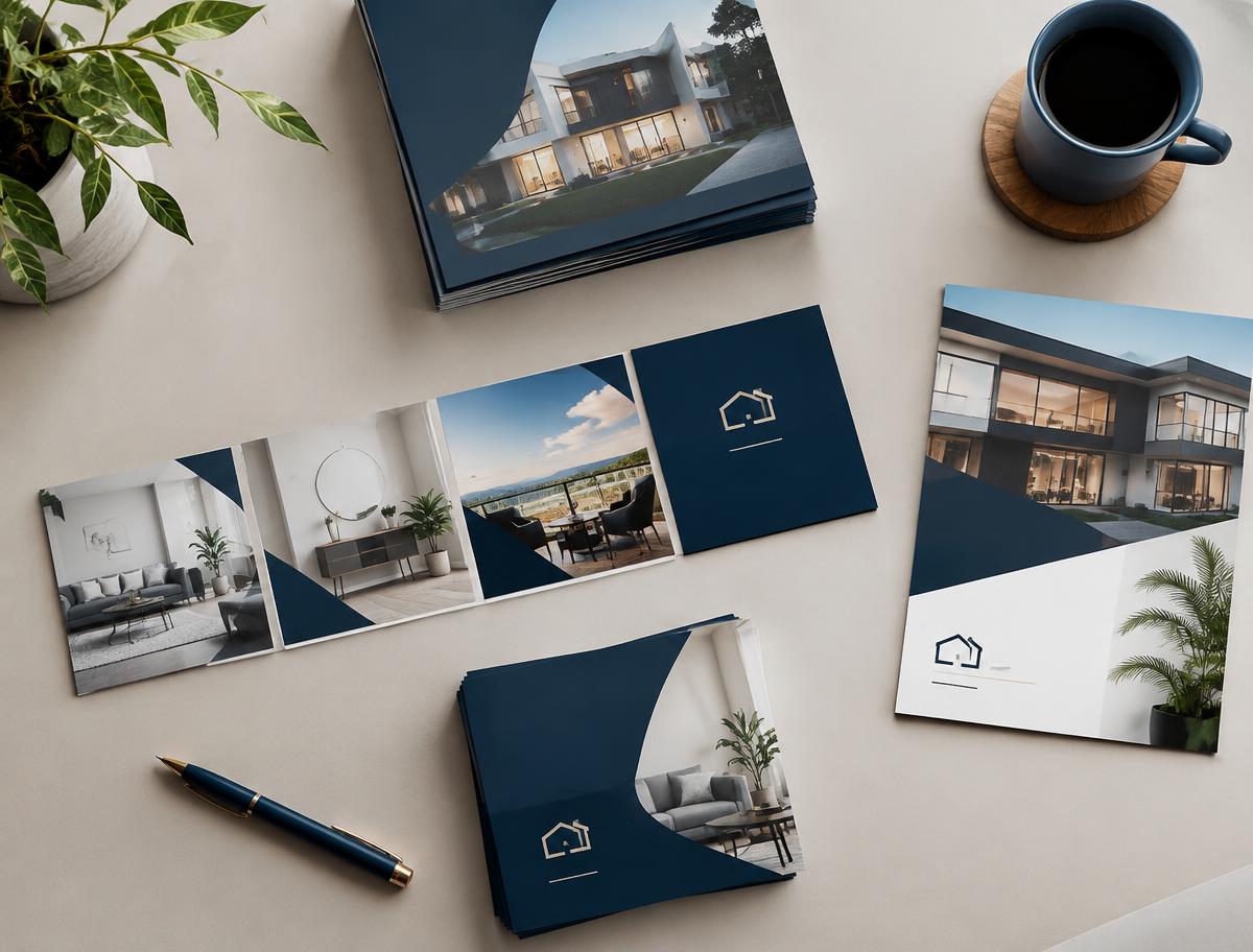 Printed brochures and promotional cards arranged on a neutral desk