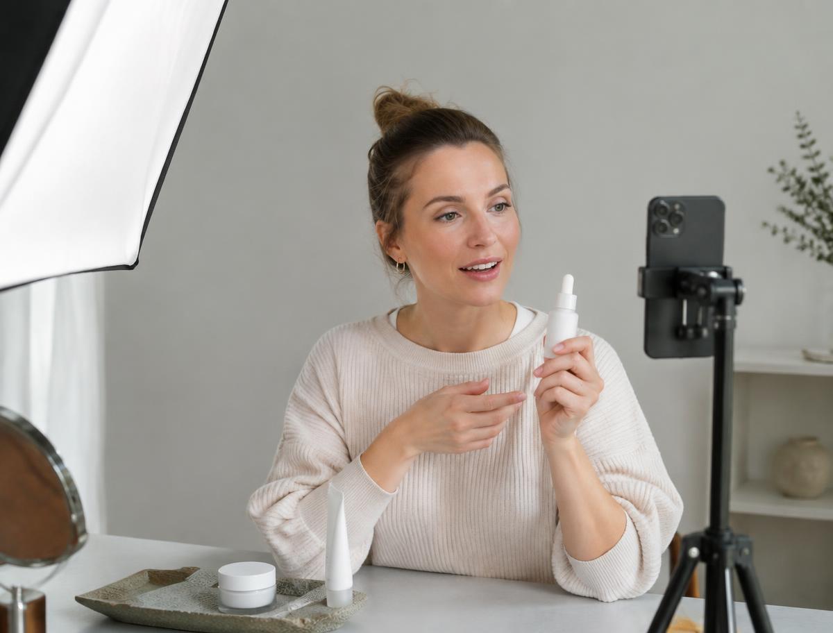 Creator filming a vertical product video with a phone on a tripod