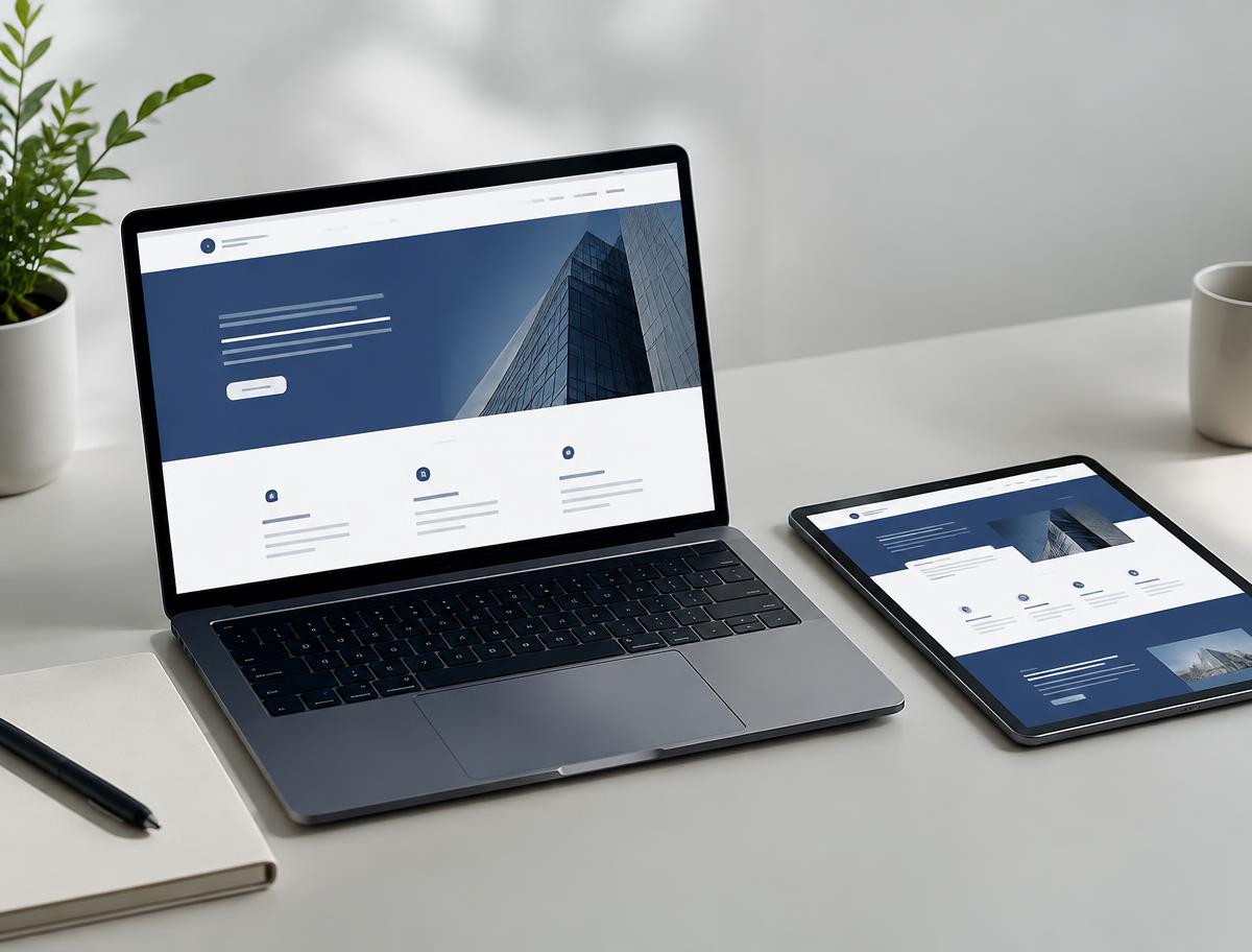 Laptop and tablet showing a clean business website layout